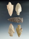 Set of five assorted Kentucky arrowheads, largest is 2 11/16