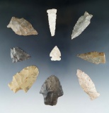 Set of 9 Missouri arrowheads, largest is 2 1/4