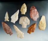 Set of 9 assorted arrowheads found in Lee Co., Georgia, largest is 3 1/8