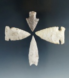 Set of four midwestern arrowheads from the Eiserman collection. Largest is 1 11/16