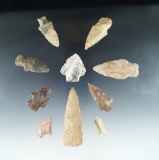 Set of 9 assorted arrowheads, largest is 3