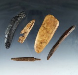 Set of five assorted bone tools and projectiles found in Alaska. Largest is 3 3/8