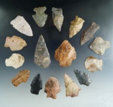 Set of 16 assorted Missouri arrowheads, largest is 2 15/16