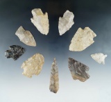 Set of 9 Missouri arrowheads, largest is 2 3/8