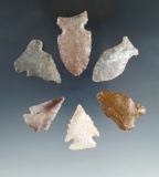 Set of six assorted Kentucky arrowheads, largest is 1 13/16