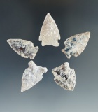 Set of five assorted arrowheads found in the Plains region, largest is 1 1/4