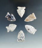 Set of six assorted High Plains arrowheads, largest is 1 3/16