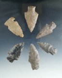 Set of six arrowheads found in Kentucky, largest is 2 3/16