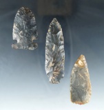 Set of three Flint artifacts found in need County Kentucky, largest is 3 1/4