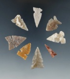 Set of 8 assorted arrowheads from the Kansas/Nebraska area, largest is 1