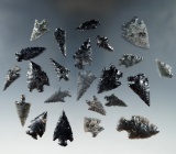 Large group of 23 assorted Obsidian arrowheads found in Oregon, largest is 1 3/8