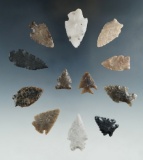 Group of 12 assorted arrowheads found in Sweetwater Co., Wyoming, largest is 1 1/2