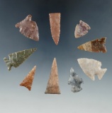 Set of 9 assorted arrowheads found in the Central US, largest is 1 3/8