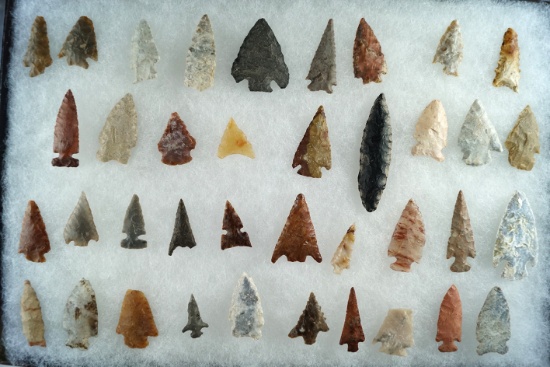 Large group of approximately 38 assorted arrowheads found in the Western U. S. Largest is 2 1/2".