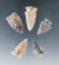 Set of five High Plains arrowheads, largest is 1 3/8