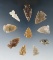 Set of 10 assorted arrowheads found in Merriman Co. Nebraska. Largest is 1 7/16