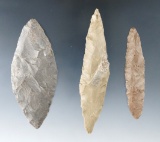 Set of three Harahey Knives found in Kansas, largest is 3 11/16