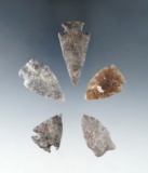 Set of five assorted Plains area arrowheads, largest is 1 13/16