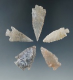 Set of five Colorado arrowheads made from attractive materials, largest is 1 5/8