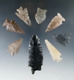 Set of eight arrowheads and Knives found near the Columbia River in Oregon, largest is 2 3/4