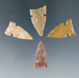 Set of four sidenotch arrowheads found in the Plains region, largest is 15/16