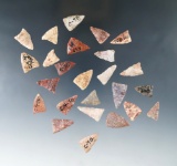 Set of 25 Texas triangular arrowheads, many are made from Alibates Flint. Largest is 7/8