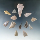 Set of 13 assorted arrowheads found in Wyoming, largest is 2 1/4