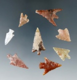 Set of eight assorted Columbia River arrowheads, largest is 1