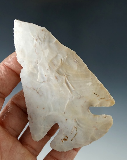 3 9/16" Flint Ridge Flint Thebes deep notch bevel with a lateral impact fracture - Huron Co. Ohio.