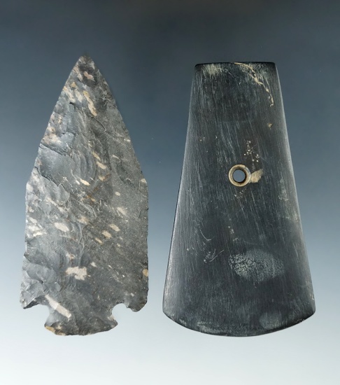 Pair of artifacts including a 3 1/4" restored Pentagonal and a slate pendant that has been cleaned.