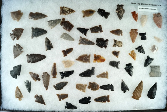 Large group of assorted arrowheads found in Sweetwater County Wyoming. Ex. Roth. Largest is 1 3/8".