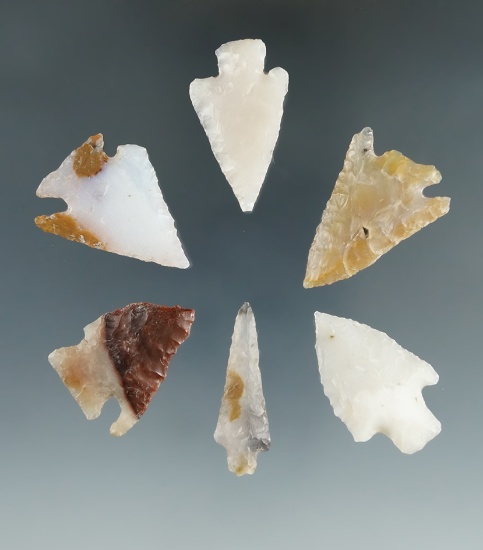 Set of 6 Assorted Arrowheads found near Quinton, Oregon by Kaye Done Bruce, largest is 1 5/16".