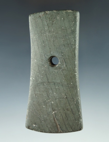 3 5/8" Adena Bell Pendant found in Lorain Co., Ohio. Heavily patinated with some engraving .