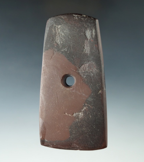 4 3/16" Adena Trapezoidal Pendant made from red and black Slate, found in Erie Co., Ohio. Ex. Hovan.