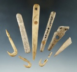 Set of 8 Assorted Bone artifacts found at the Feurt Village Site, Scioto Co., Ohio. Including 3 Fish