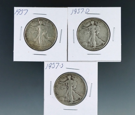 1937, 1937-D and 1937-S Walking Liberty Half Dollars F