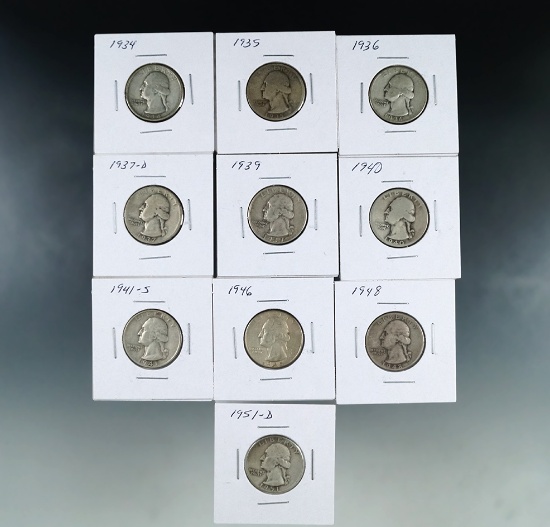 1934, 1935, 1936, 1937-D, 1939, 1940, 1941-S, 1946, 1948 and 1951-D Washington Silver Quarters