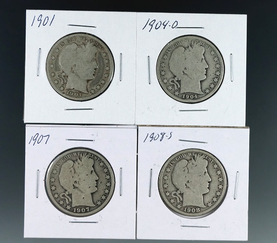 1901, 1904-O, 1907 and 1908-S Barber Silver Half Dollars AG-G