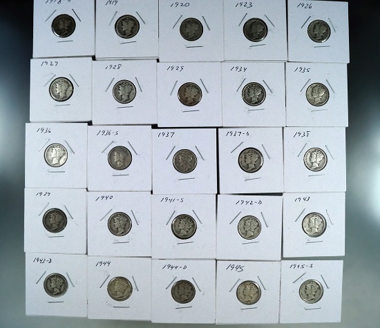 25 Different Date and or Mint Mark Mercury Dimes 1918-1945 AG-VF