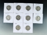 1934, 1935, 1937, 1939-D, 1942-S, 1943-S, 1947-D, 1948-S, 1949 and 1950-S Washington Silver Qtrs