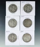 1917,1934, 1937, 1943, 1943-D and 1944 Walking Liberty Half Dollars VG-F