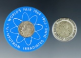 2 Neutron Irradiated Encased Silver Dimes 1942 American Museum of Atomic Energy and 1964 N.Y.