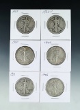 1934, 1936-D, 1940, 1942, 1943 and 1946 Walking Liberty Half Dollars G-VF