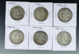 1949-D, 1951, 1952-S, 1954-D, 1957-D and 1963-D Franklin Silver Half Dollars VF-XF