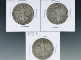 1917, 1918 and 1933-S Walking Liberty Half Dollars F