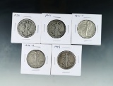 1936, 1941, 1941-S, 1942-D and 1943 Walking Liberty Half Dollars VG-AU