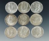 9 1964 Kennedy Silver Half Dollars XF-AU