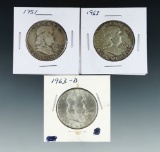 1951, 1963 and 1963-D Franklin Silver Half Dollars VF-BU