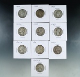 1934, 1935, 1936, 1937-D, 1939, 1940, 1941-S, 1946, 1948 and 1951-D Washington Silver Quarters