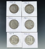 1949-D, 1952-S, 1953-D, 1957, 1962-D and 1963-D Franklin Silver Half Dollars F-AU